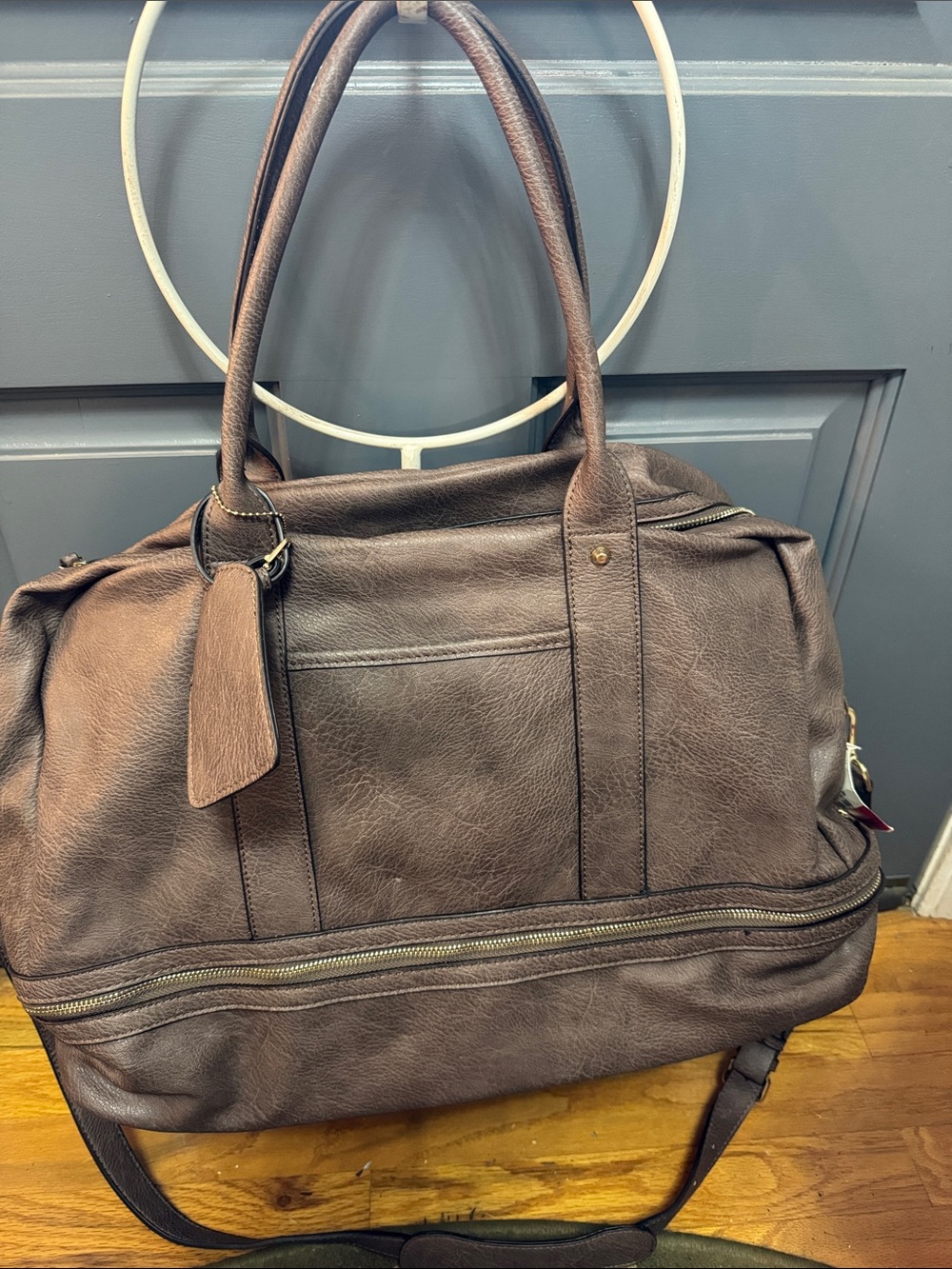 Madison West Brown Leather Travel Tote with Removable Strap
